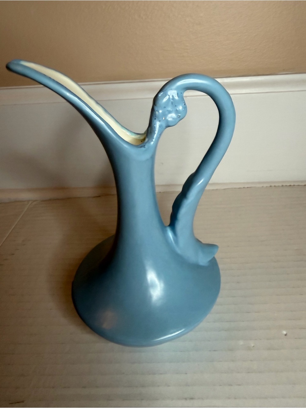 Vintage Bright Blue Ceramic Pitcher / Vase 7” signed MF
